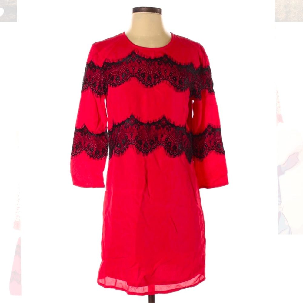 TOPSHOP Red viscose dress with black lace
